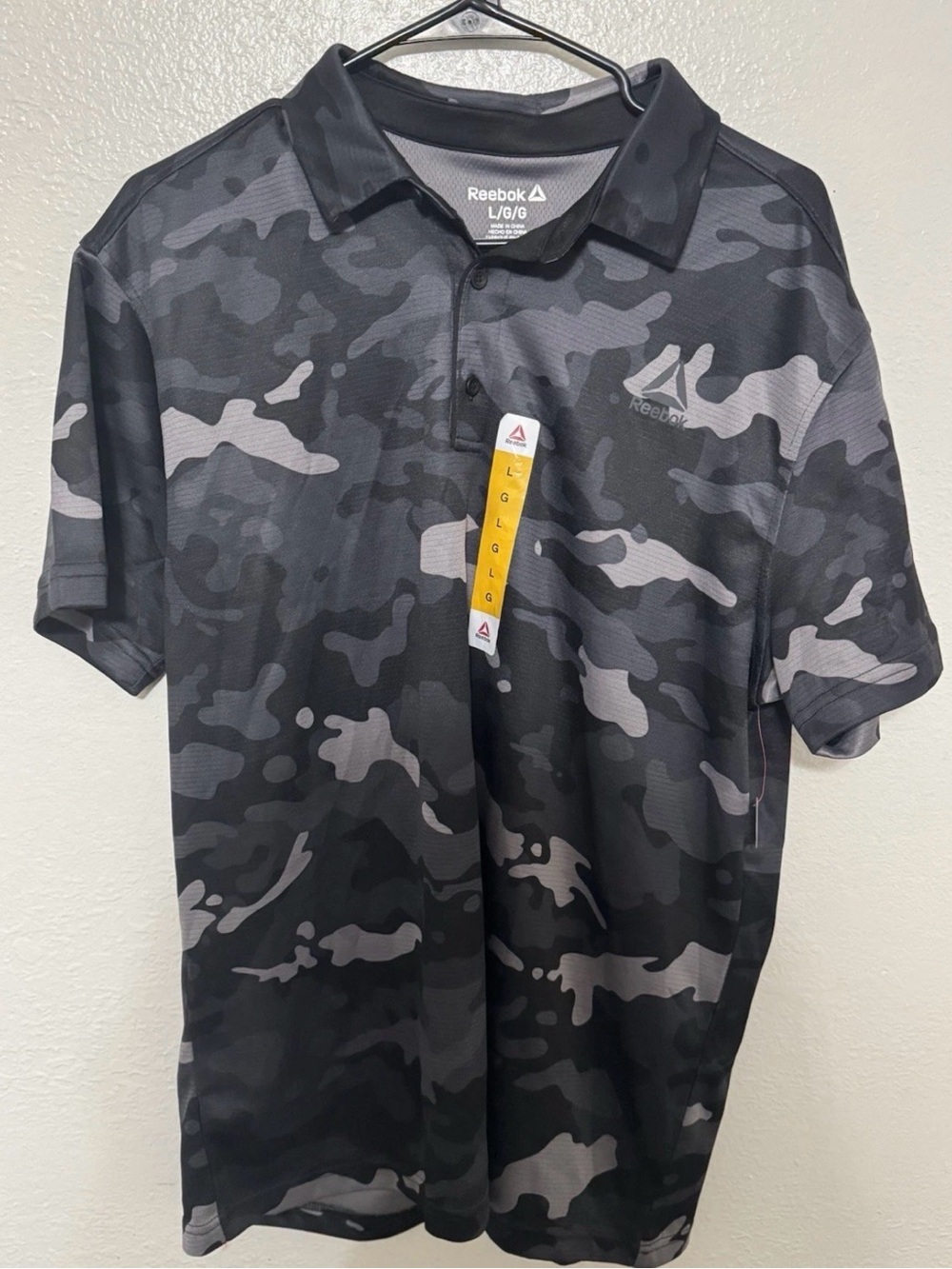 Reebok Polo Shirt Mens Large Black Camo Performance Moisture Management Classic